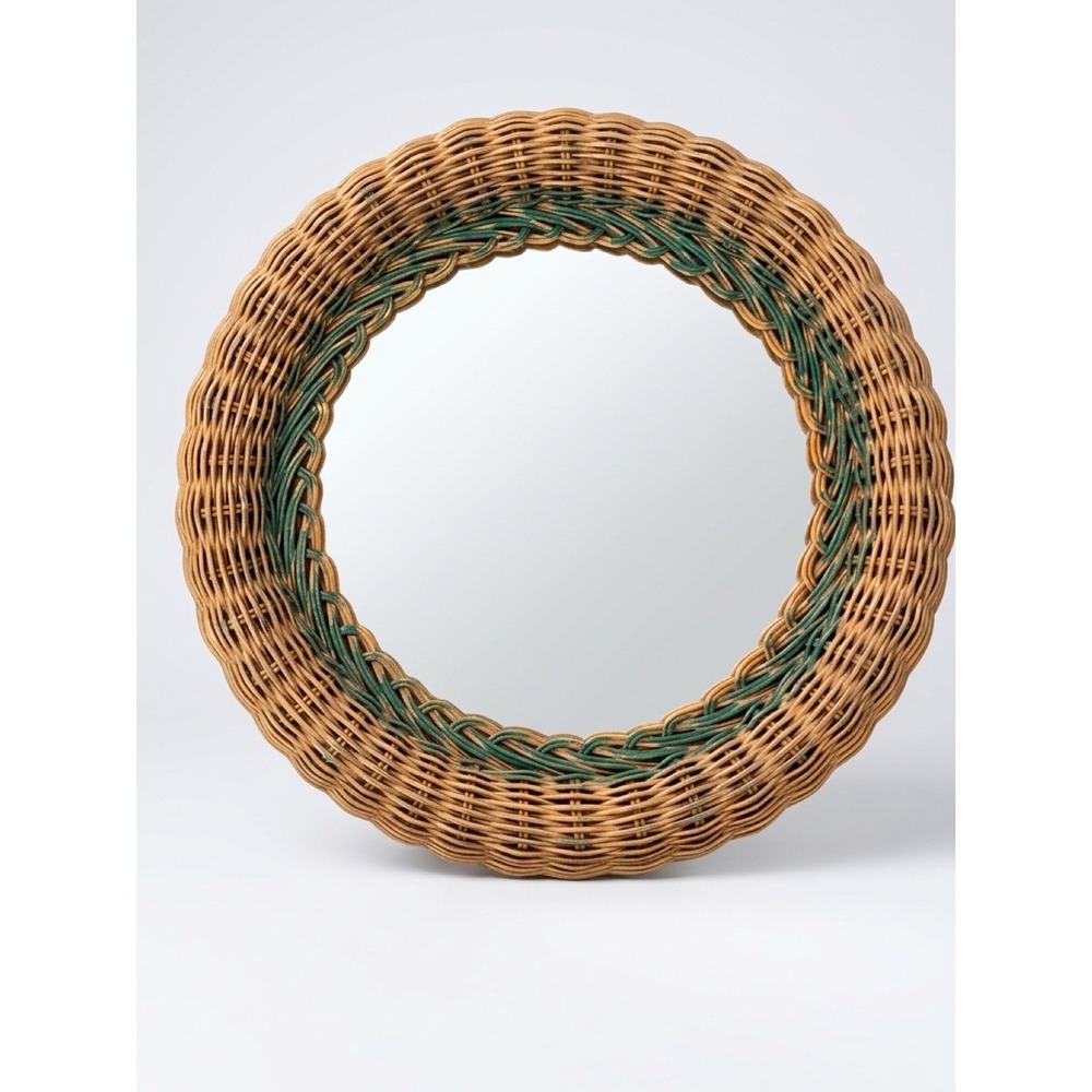 Rare Vintage Wicker Rattan Round Wall Mirror Boho Retro 90s Cottagecore 12"